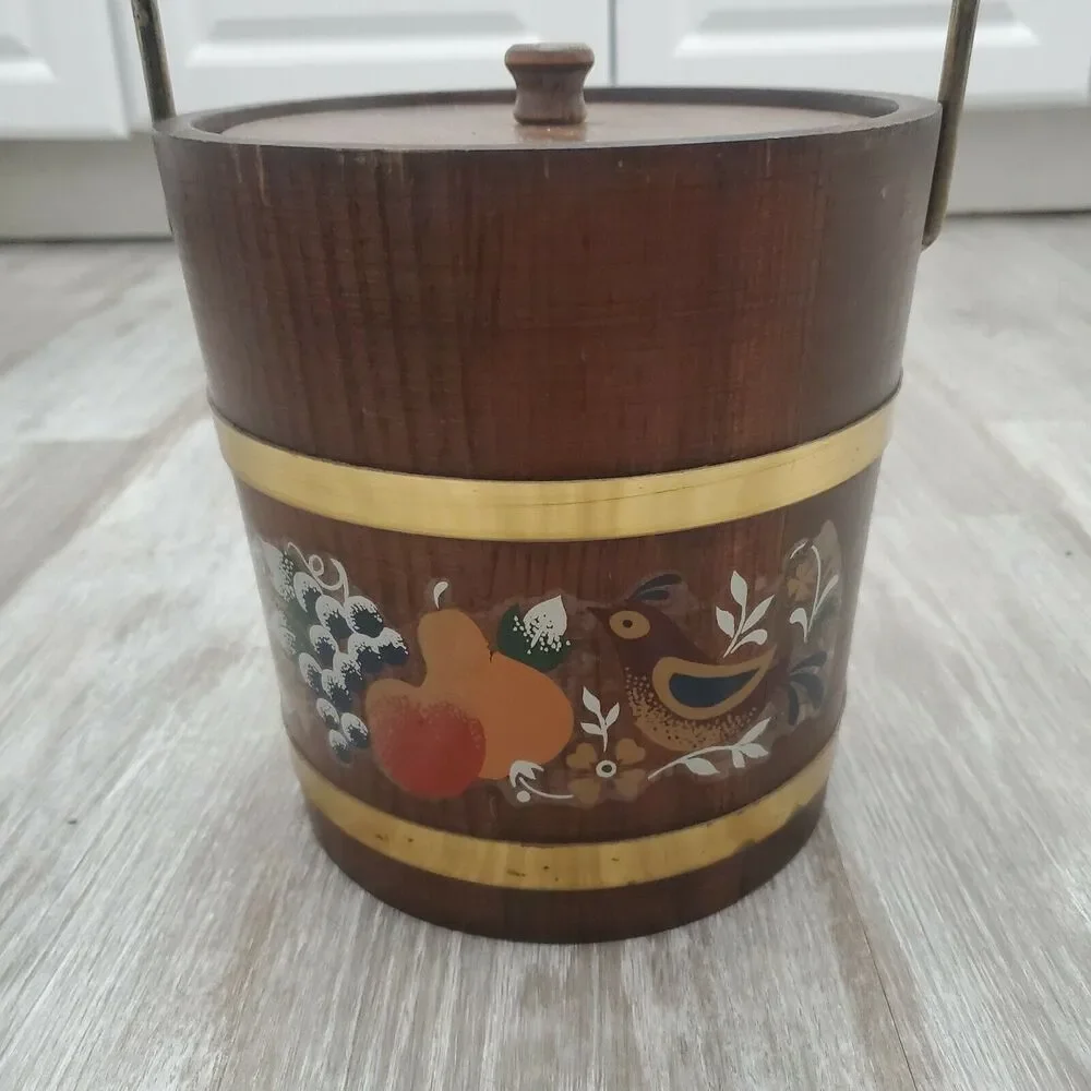 Vintage Ice Bucket Wood Brass Barrel Shape Barware Rustic Decor